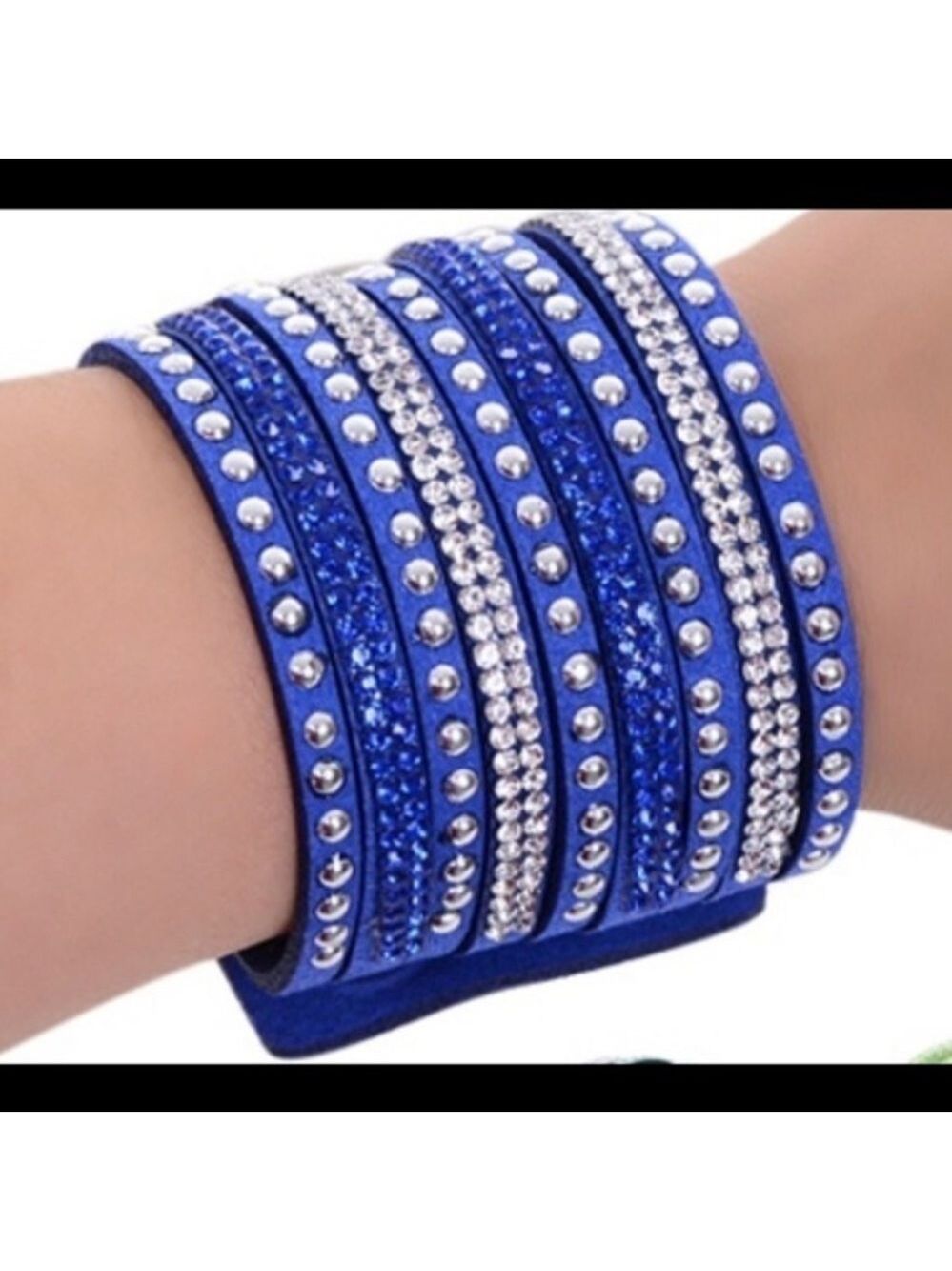 Blue Suede Rhinestone Cuff Bracelet
